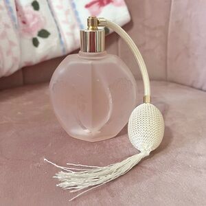 Perfume Bottle Glass Pink Frosted Roses Etched Atomizer Pump Rice Co. NY 4.50"